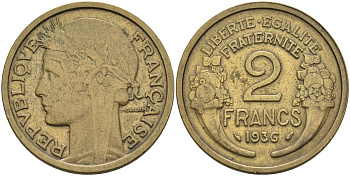 Франция 2 франка 1936 KM 886, Le Franc 268.9 алюминиевая бронза 4593-314