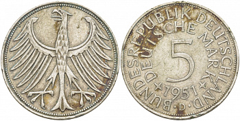 ФРГ 5 МАРОК 1951 D J. 387, KM 112.1 серебро 115-1025