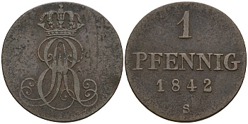 Ганновер 1 пфенниг 1842 S, Эрнст Август (1837-1851) KM 173.3, AKS 128, J. 54 медь 4608-357