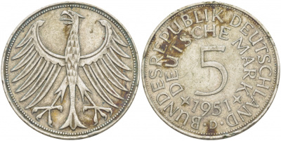 ФРГ 5 марок 1951 D J. 387, KM 112.1 серебро 115-1025