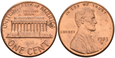 США 1 цент 1983 D, Линкольн KM 201b цинк плакированный медью 4580-418