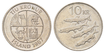 Исландия 10 крон 1987 рыбы KM 29.1 медно-никель 4691-233