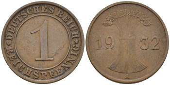 ГЕРМАНИЯ 1 РЕЙХСПФЕННИГ 1932 A KM 37, J. 313, Weege 2 бронза 211-121