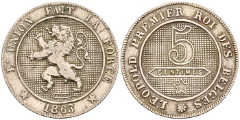 Бельгия 5 сантимов 1863 Belges KM 21 медно-никель 188-1147
