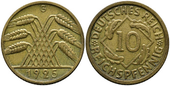 Германия 10 рейхспфеннигов 1925 G KM 40 алюминиевая бронза 4171-341