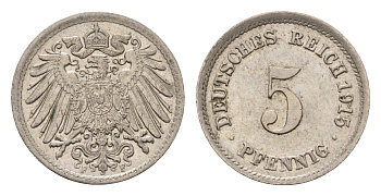 Германия 5 пфеннигов 1915 F, Вильгельм II (1888-1918) KM 11, J. 12 медно-никель 4636-331