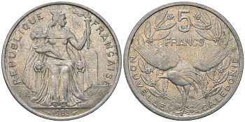 Французская Новая Каледония 5 франков 1983 птица кагу, (IEOM) KM 16, Schoen 12, Lec 75 алюминий 180-432