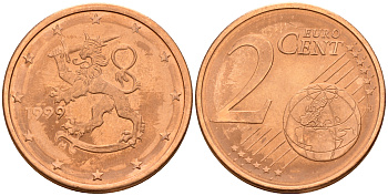 Финляндия 2 евроцента 1999  KM 99 сталь плакированная медью  UNC  4160-351