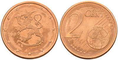 Финляндия 2 евроцента 1999  KM 99 сталь плакированная медью  UNC  4160-351