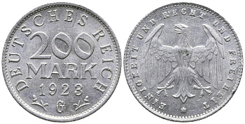 ГЕРМАНИЯ 200 МАРОК 1923 G KM 35, J. 304 алюминий 24-832