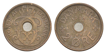 Дания 2 эре 1929 N, Кристиан X (1912-1947) KM 827 бронза 4639-744