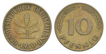 ФРГ 10 пфеннигов 1950 D KM 108, J. 383 сталь плакированная латунью 4630-1258