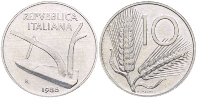 ИТАЛИЯ 10 ЛИР 1986 R, КОЛОСЬЯ, ПЛУГ KM 93 алюминий UNC 4551-236