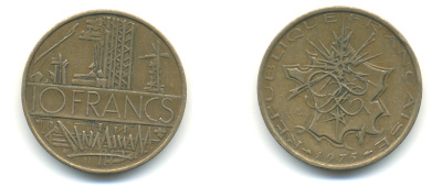 Франция 10 франков 1975 тип Матье KM 940, Le Franc 365.5-6 никель латунь 89-1413