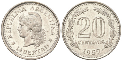 Аргентина 20 сентаво 1959 голова свободы влево KM?55, Schon?55, CJ?265 сталь плакированная никелем aUNC 4611-453