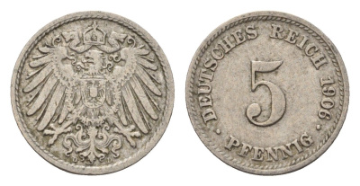 Германия 5 пфеннигов 1906 D, Вильгельм II (1888-1918) KM 11, J. 12 медно-никель 4636-118