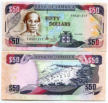 Ямайка 50 долларов 2002 15 января 2002, Самуэль Шарпе, писатель, TDLR Pick 79 c бумага UNC (пресс) 447-89-3