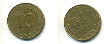 ФРГ 10 ПФЕННИГОВ 1992 D KM 108, J 383 сталь плакированная латунью 80-321