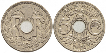 ФРАНЦИЯ 5 САНТИМОВ 1926 ТИП ЛИНДАЙЁ KM 875 медно-никель UNC 3309-1017
