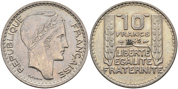 Франция 10 франков 1949 тип Пьер Турин KM 909.1, Le Franc 362.6 медно-никель 4116-1211