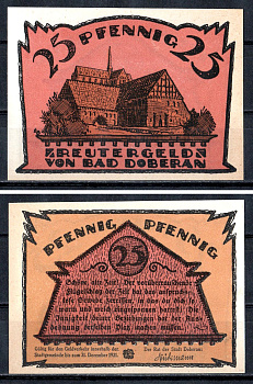 Бад-Доберан (Мекленбург-Шверин) 25 пфеннигов 1921 Mehl Grabowski 276.3-2/3 бумага UNC (пресс) 7555-55-1-2