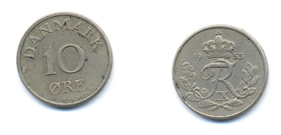 Дания 10 эре 1953 N; S, Фредерик IX (1947-1972) KM 841.1 медно-никель 51-4343