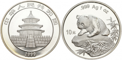 Китай 10 юаней 1999 панда KM 1216 серебро чекан UNC 00-820-48