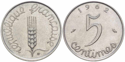 ФРАНЦИЯ 5 САНТИМОВ 1962 ПЯТАЯ РЕСПУБЛИКА KM 927, LE FRANC 124.4 хромированная сталь 105-425