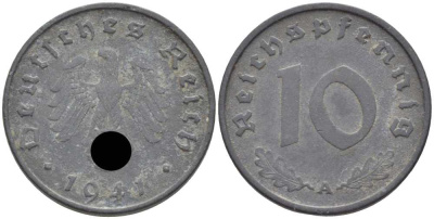 ГЕРМАНИЯ 10 РЕЙХСПФЕННИГОВ 1941 А KM 101, J. 371 цинк 4401-716