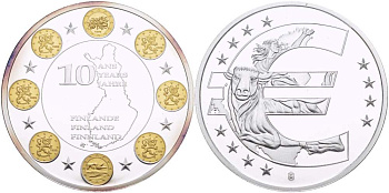 НИДЕРЛАНДЫ МЕДАЛЬ 2012 СЕРИЯ 10 ЛЕТ ЕВРО, ФИНЛЯНДИЯ, СЕРЕБРЕНИЕ, ПОЗОЛОТА, ДИАМЕТР 40 ММ., ПОХИЩЕНИЕ ЕВРОПЫ PROOF 1082-6-34