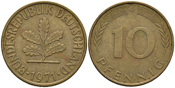 ФРГ 10 ПФЕННИГОВ 1971 J KM 108, J. 383 сталь плакированная латунью 75-632