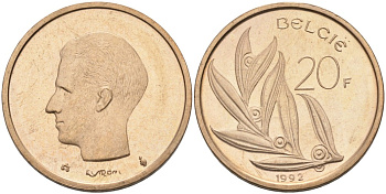 Бельгия 20 франков 1992 Belgie KM 160 никель бронза UNC 189-1011