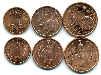 САН-МАРИНО ЛОТ ИЗ 3 МОНЕТ 2004 (1, 2, 5 ЕВРОЦЕНТОВ) UNC N5-58