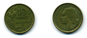 Франция 10 франков 1951 B, петух KM 915.2, Le Franc 363.5 алюминиевая бронза 84-554