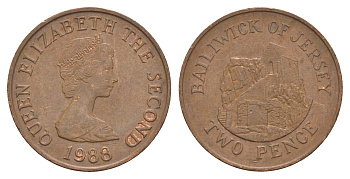 Джерси 2 пенса 1988 Сент-Хелиер, Елизавета II (1952-2022) KM 55 бронза 4656-1126