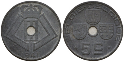 Бельгия 5 сантимов 1941 Belgie - Belgique KM 124 цинк 4543-134