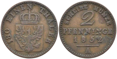 Пруссия 2 пфеннига 1852 А, Фридрих Вильгельм IV (1840-1861) KM 452, Jaeger 51, Olding 336, AKS 91 медь 201-563
