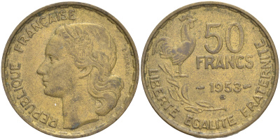 ФРАНЦИЯ 50 ФРАНКОВ 1953 В KM 918.2 алюминиевая бронза 189-325