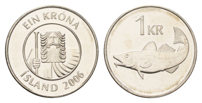 Исландия 1 крона 2006 треска KM 27a сталь плакированная никелем UNC 4691-557