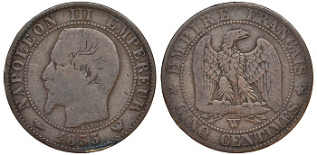 Франция 5 сантимов 1855 W, Наполеон III (1852-1870) KM 777.7, Le Franc 28 бронза 51-2213