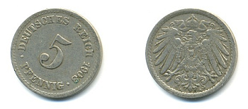 Германия 5 пфеннигов 1908 A KM 11, Jager 12, Weege 6 медно-никель 4379-552