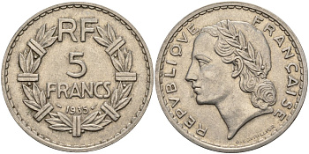Франция 5 франков 1935 KM 888 никель 4144-412