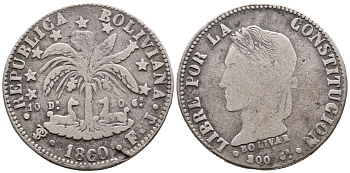 Боливия 4 соля 1860 F.J., тип одного года KM 139 серебро 00-807-31