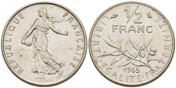 Франция 1/2 франка 1965 сеятель KM 931, Le Franc 198.3 никель 3309-1111