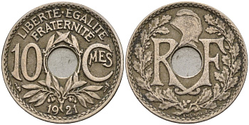 Франция 10 сантимов 1921 тип Линдайё KM 866a, Le Franc 138.3 медно-никель 4143-911