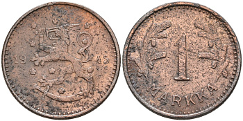 ФИНЛЯНДИЯ 1 МАРКА 1945 S KM 30b железо 4563-652
