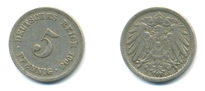 Германия 5 пфеннигов 1908 A KM 11, Jager 12, Weege 6 медно-никель 4379-552