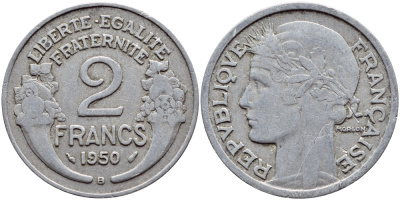 Франция 2 франка 1950 В KM 886а.2, Le Franc 269.17 алюминий 4397-755