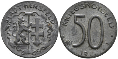 БАД-ХЕРСФЕЛЬД 50 ПФЕННИГОВ 1919 КРИГСНОТГЕЛЬД, НОТГЕЛЬД цинк 75-1423