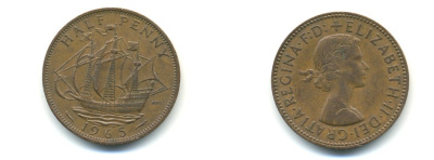 Великобритания 1/2 пенни 1965 Елизавета II (1952-2022) KM 896, Spink 4158 бронза 59-1321